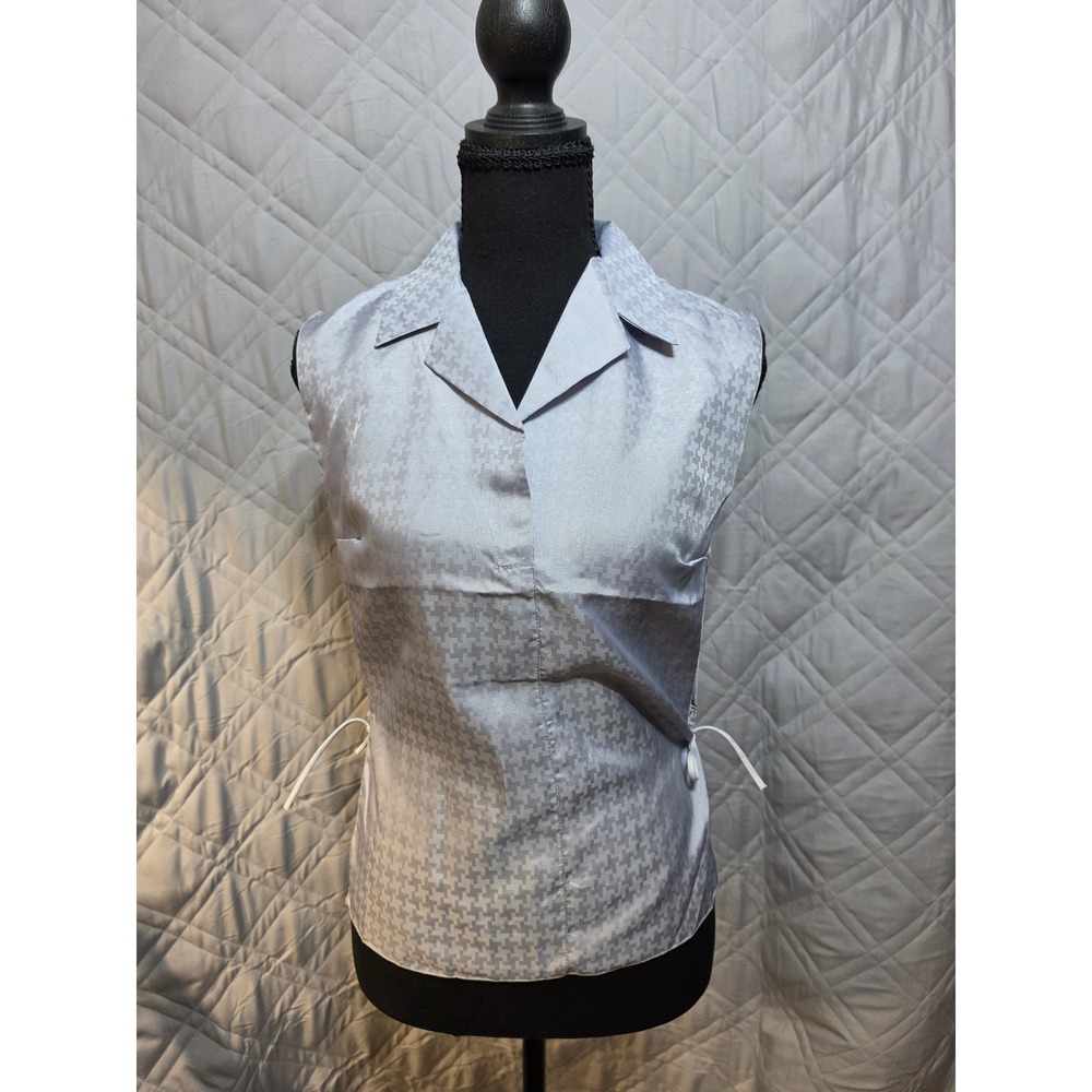 Mademoiselle Gray Jacquard Tie Side Sleeveless Blouse Top 70s 80s Polyester